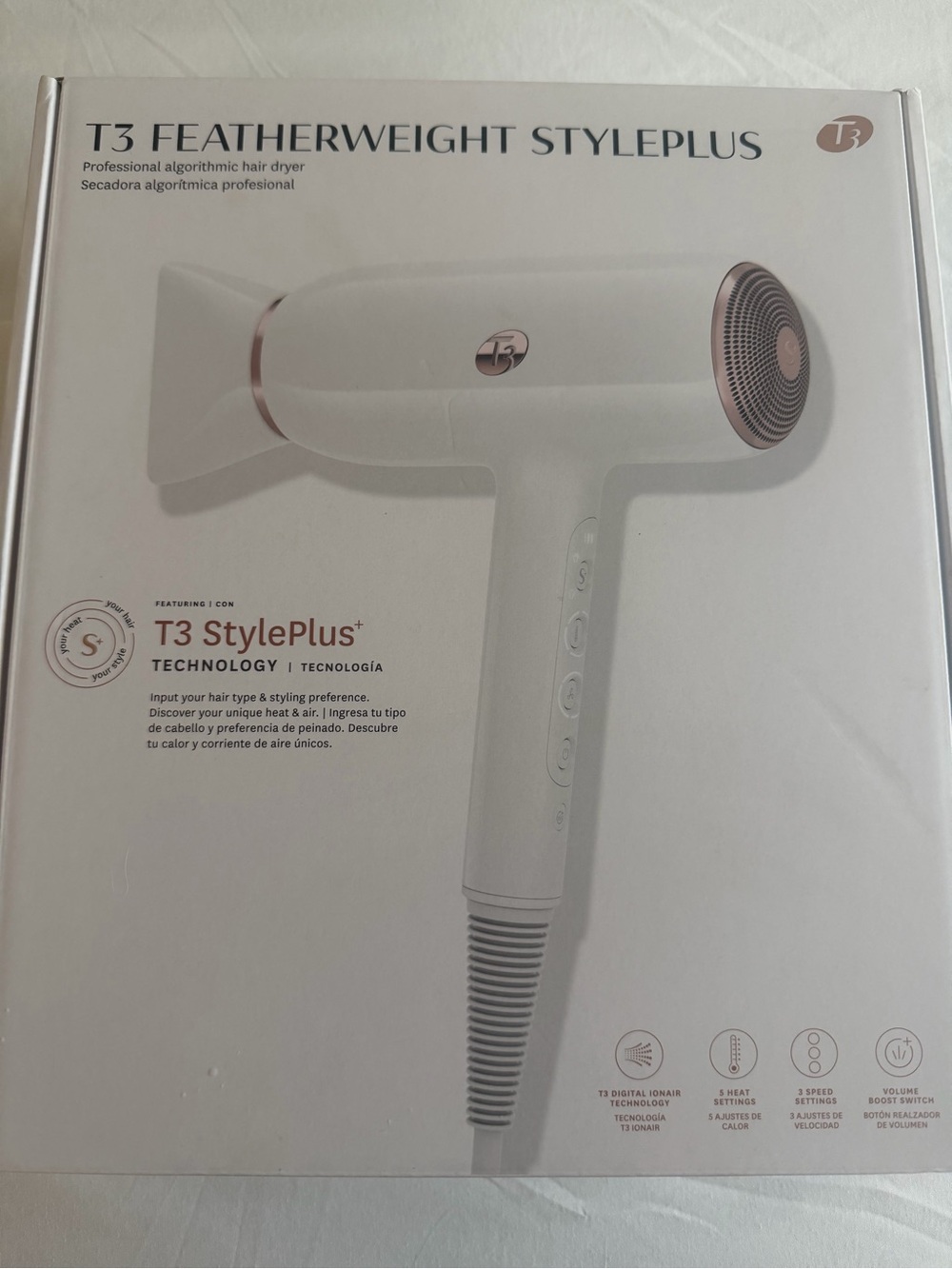 T3 Compact Hair Dryer in White with Rose Accents